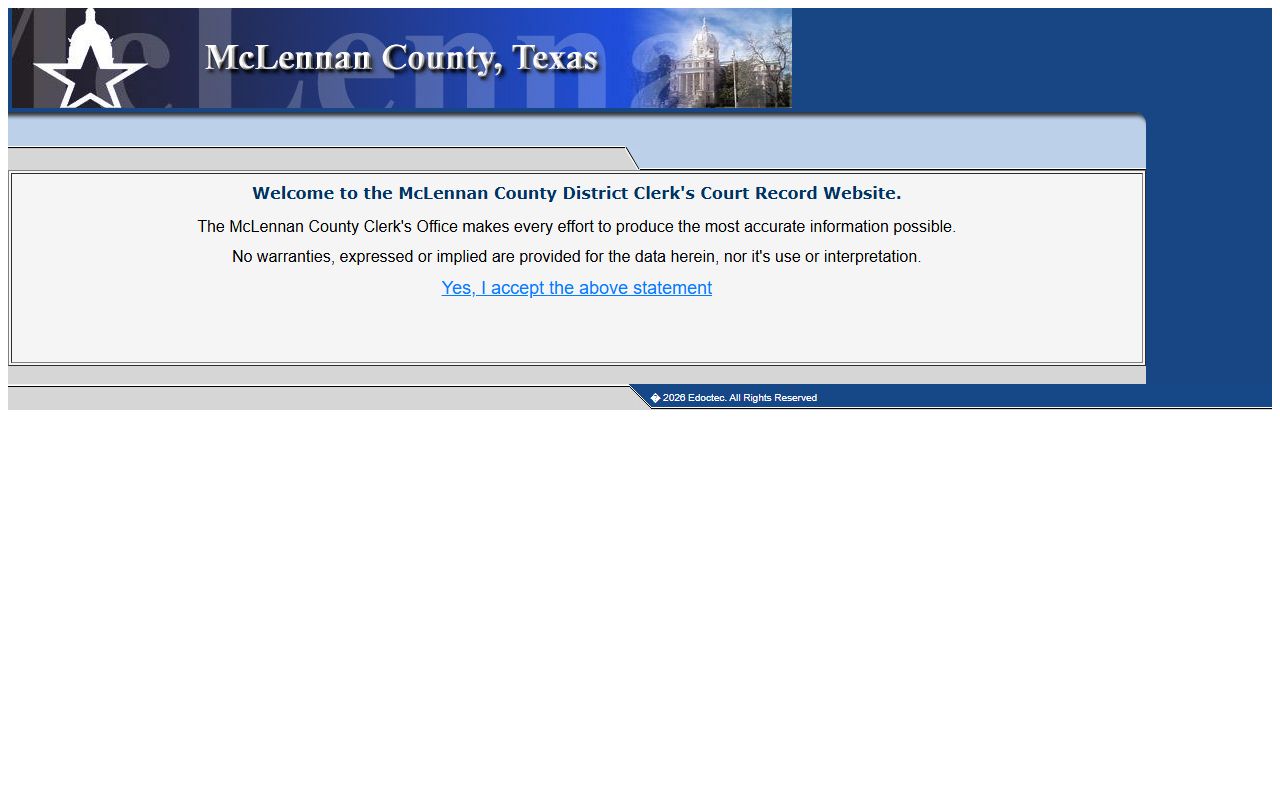 McLennan County District Clerk public case index disclaimer for clerk of court access