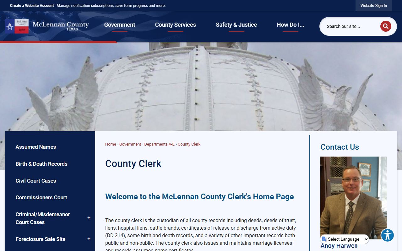 McLennan County Clerk duties context next to District Clerk records