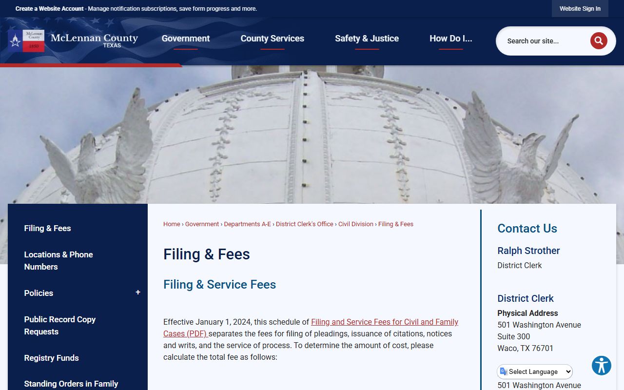 McLennan County District Clerk filing fee page for clerk of court records