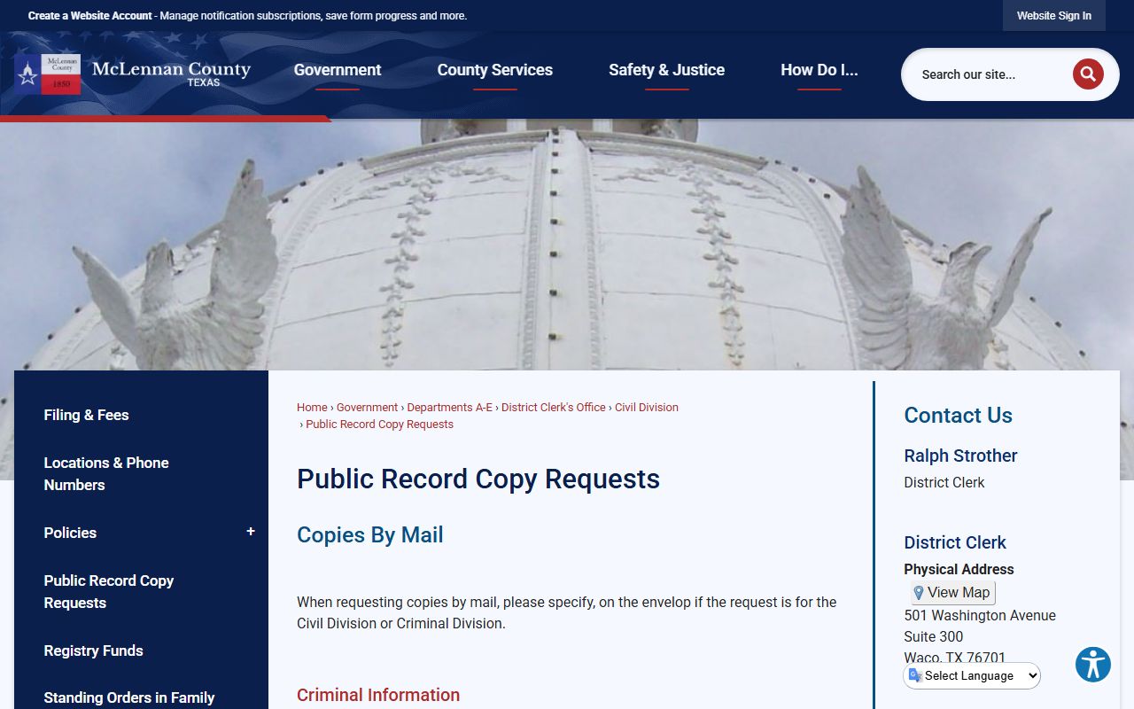 McLennan County District Clerk copy request instructions for clerk of court