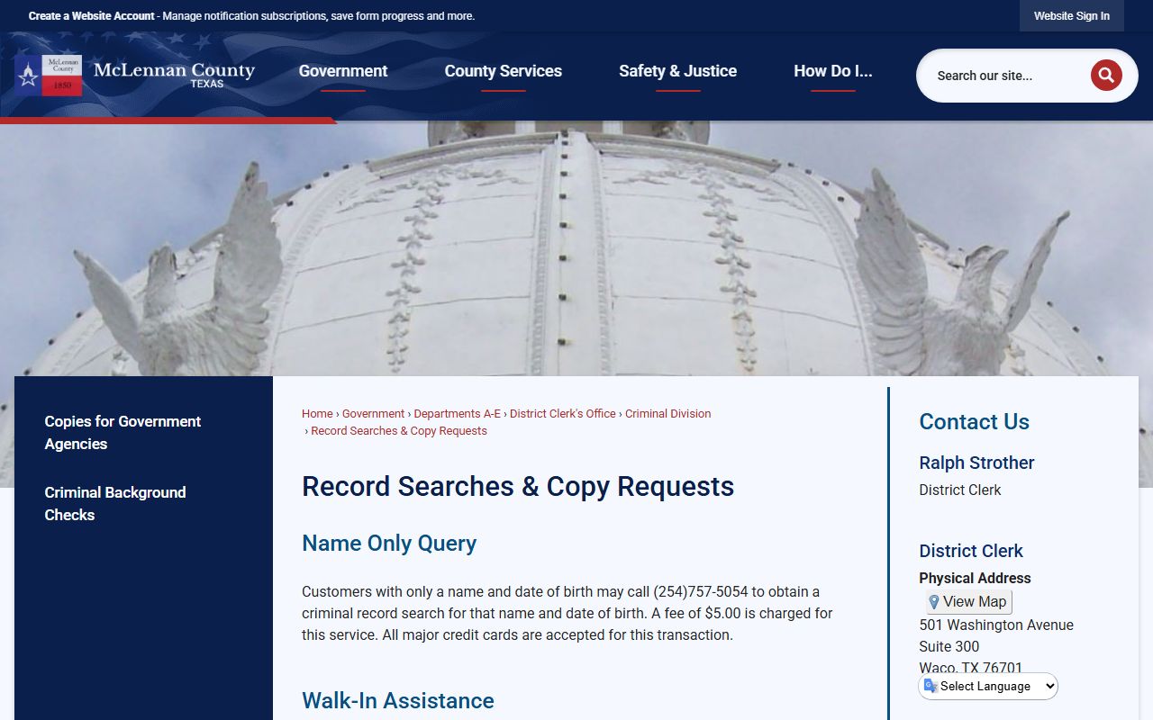 McLennan County District Clerk criminal record search and copy request fees