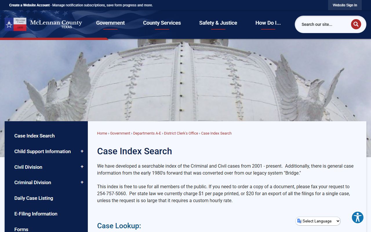 McLennan County District Clerk case index page for clerk of court records