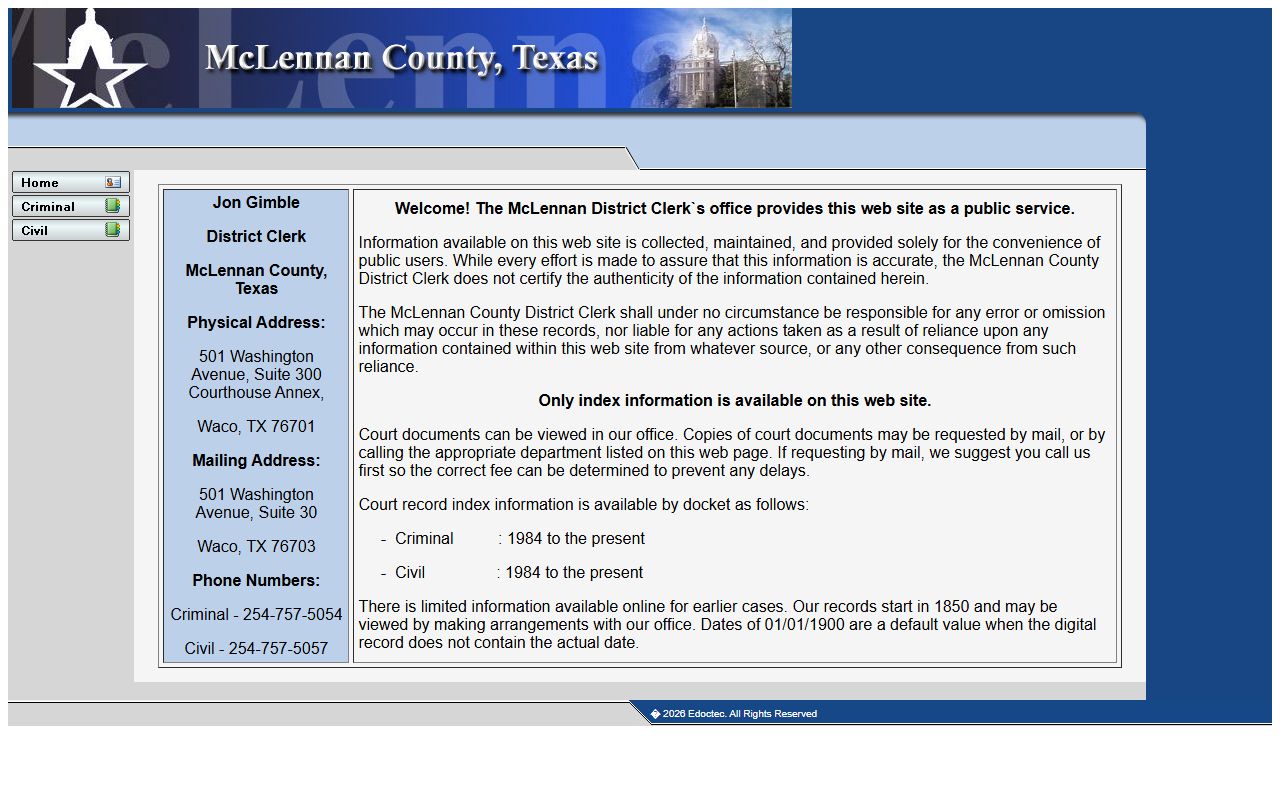 McLennan County District Clerk case index search for court dockets