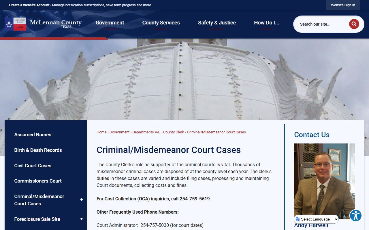 McLennan County Clerk misdemeanor criminal court case and docket page