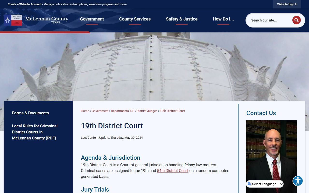 McLennan County 19th District Court felony jurisdiction page