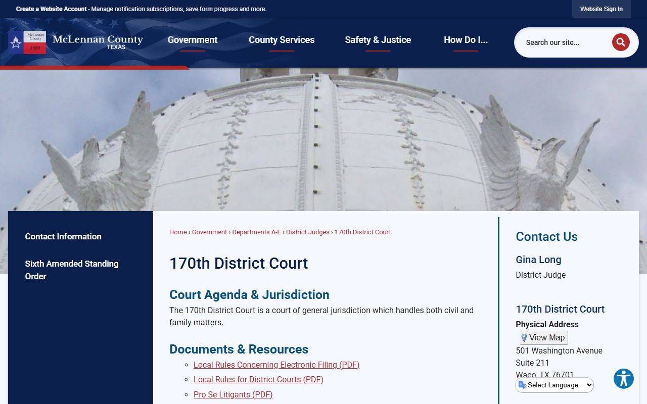 McLennan County 170th District Court civil and family page