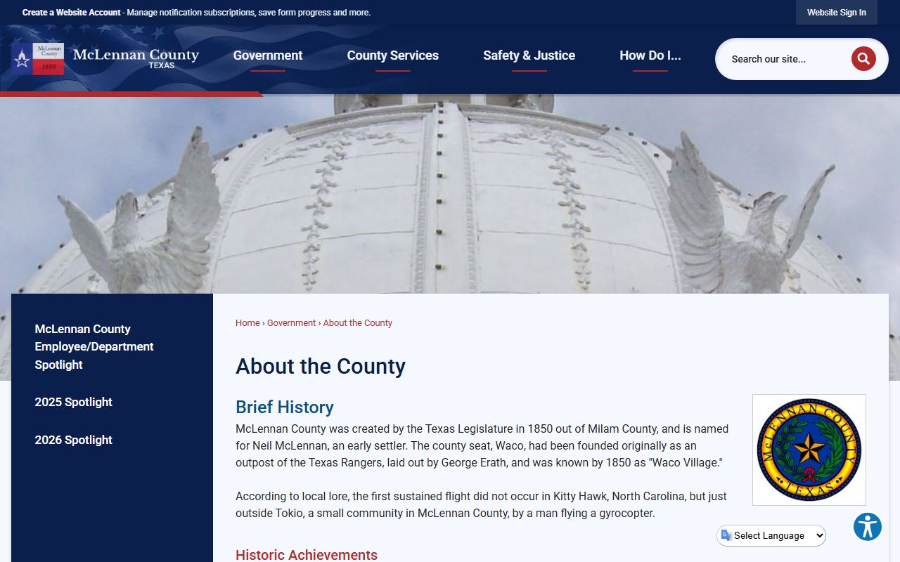 McLennan County history page tied to the county court records system