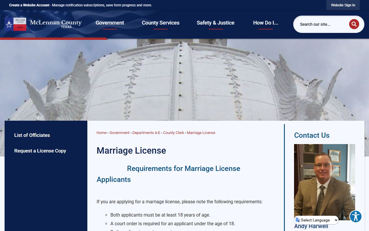 McLennan County marriage license requirements for marriage and divorce records