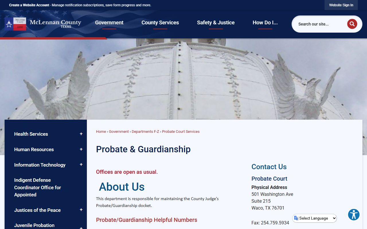 McLennan County Judge probate and guardianship court services for probate records