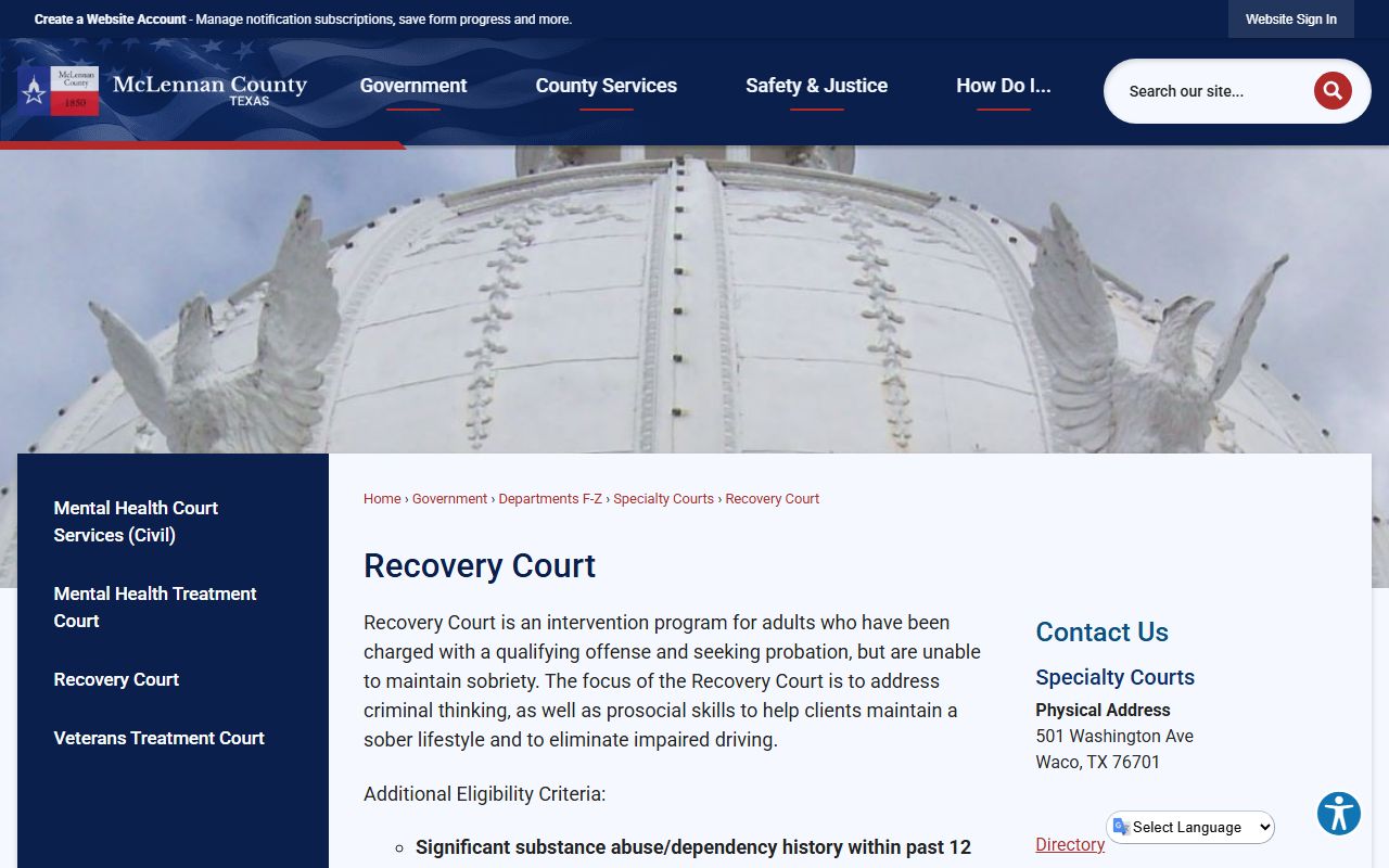 McLennan County Recovery Court eligibility page tied to public records