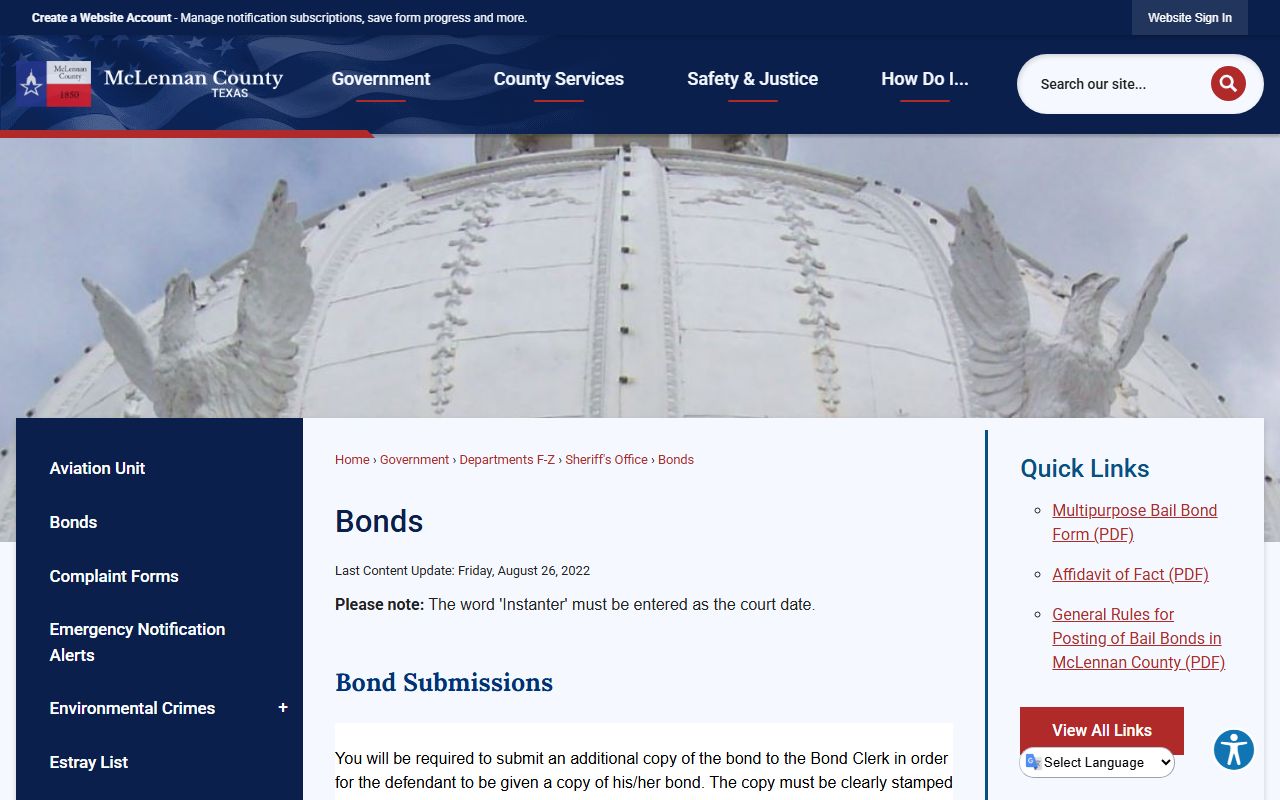 McLennan County Sheriff bond instructions for warrant and bail process
